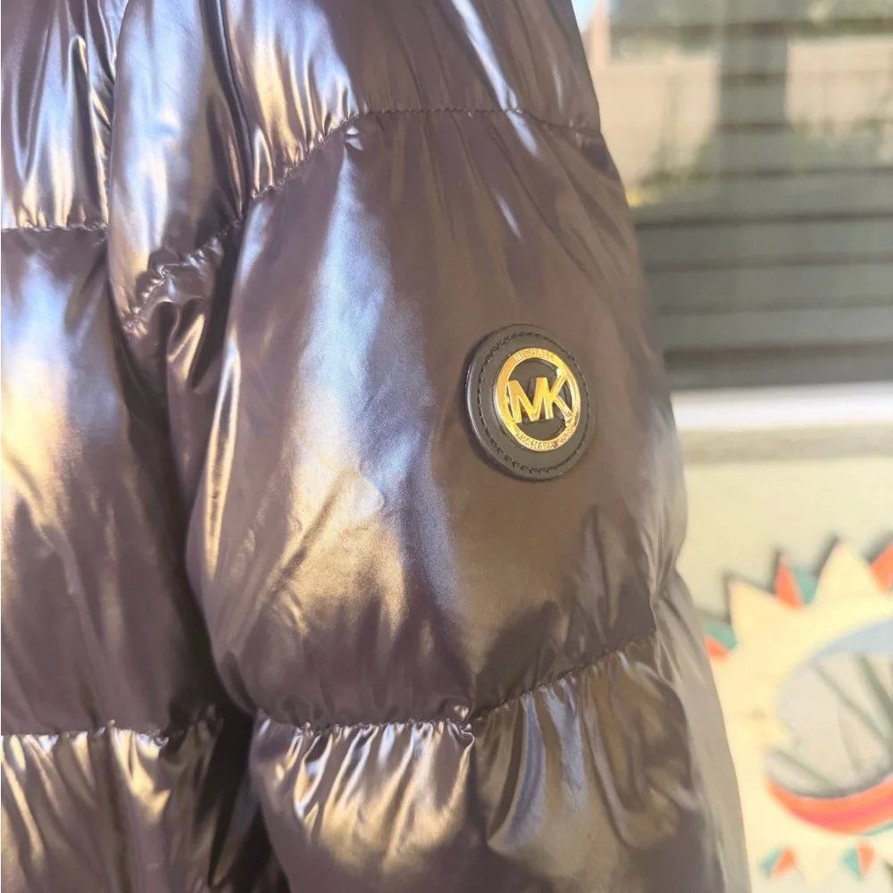 Michael Kors MK Monogram Dark Brown Reversible Puffer Jacket With Gold Hardware